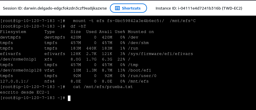 Terminal de EC2-2 leyendo el archivo escrito desde EC2-1, confirmando el filesystem compartido